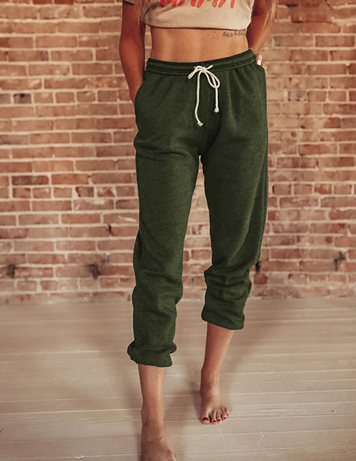 Fashion Army Green Solid Color High-waist Lace-up Trousers
