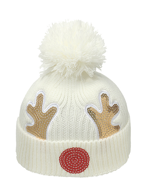 Fashion White Sequined Antlers Knitted Flanging Hair Ball Beanie