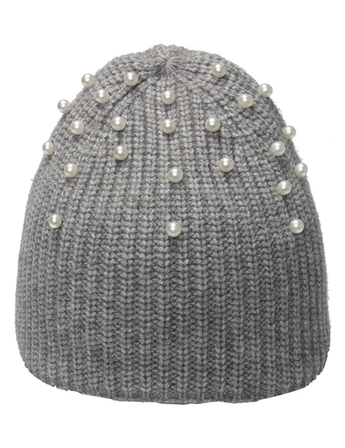 Fashion Grey Woolen Knitting Nail Pearl Pullover Cap