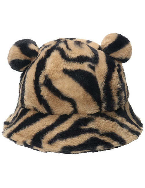 Fashion Khaki Zebra Faux Rabbit Fur Zebra Print Bear Ears Fisherman Hat
