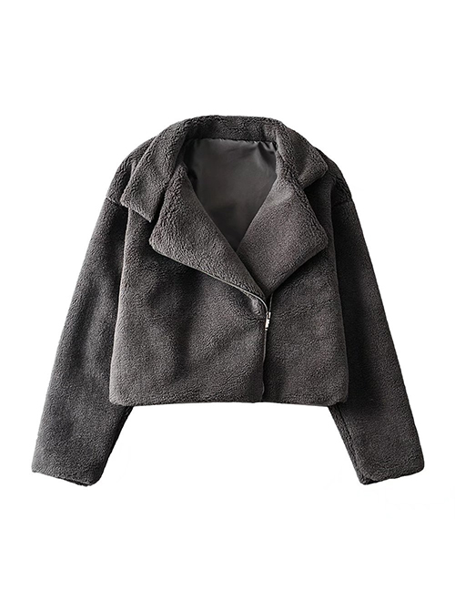 Fashion Grey Lamb Wool Diagonal Zipper Coat