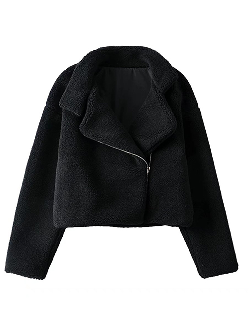 Fashion Black Lamb Wool Diagonal Zipper Coat