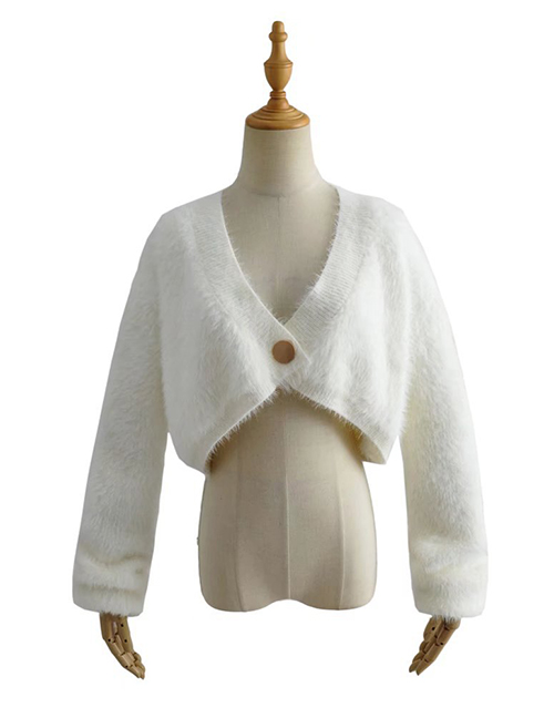 Fashion White Pure Color Plush One Button V-neck Sweater