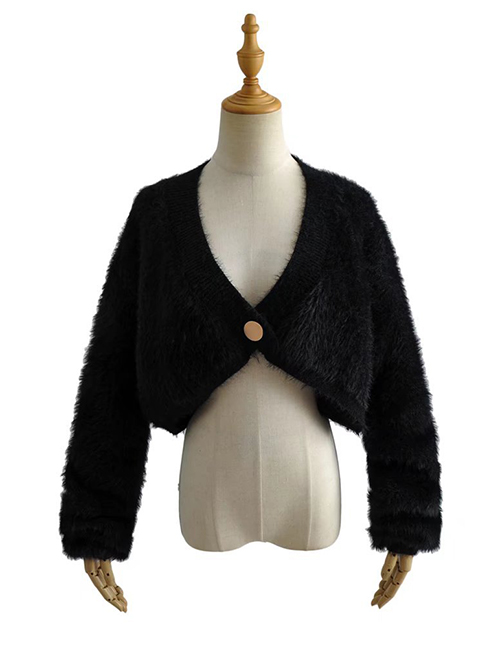 Fashion Black Pure Color Plush One Button V-neck Sweater