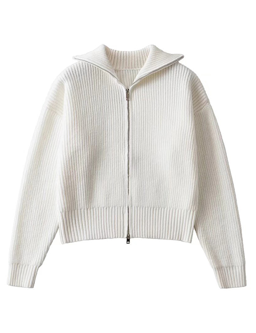 Fashion White Knit Lapel Zipper Sweater Coat