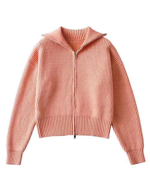 Fashion Pink Knit Lapel Zipper Sweater Coat