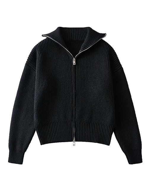 Fashion Black Knit Lapel Zipper Sweater Coat