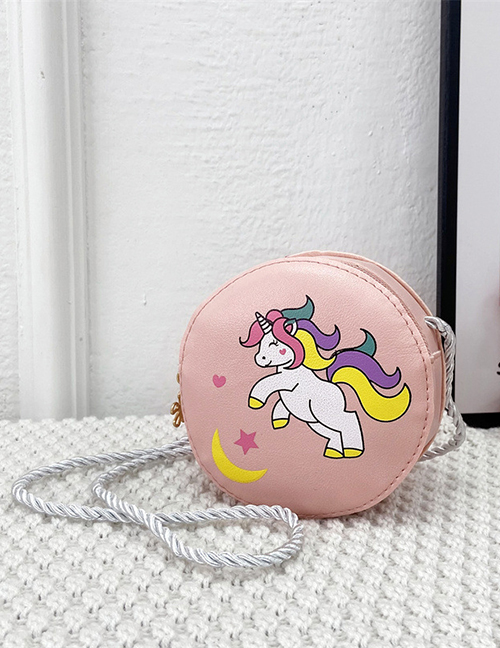 Fashion Pink Unicorn Cartoon Print Round Crossbody Bag