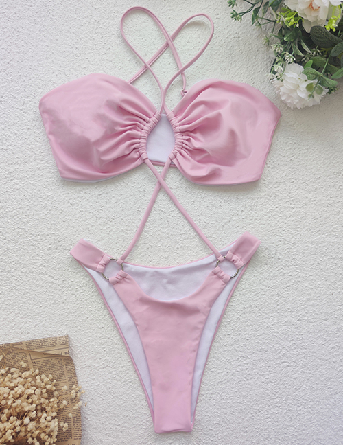 Fashion Pink Solid Color Cutout Lace One-piece Swimsuit