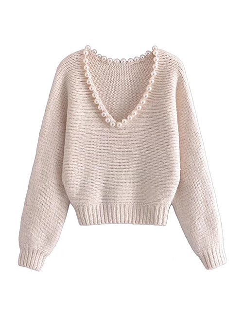 Fashion White Pearl Embellished V-neck Pullover Knitted Sweater