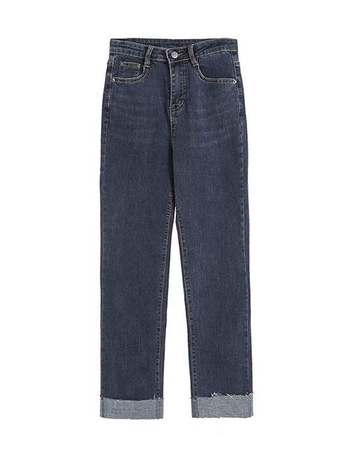 Fashion Blue Stretch Rolled Edge Washed Cropped Straight-leg Jeans