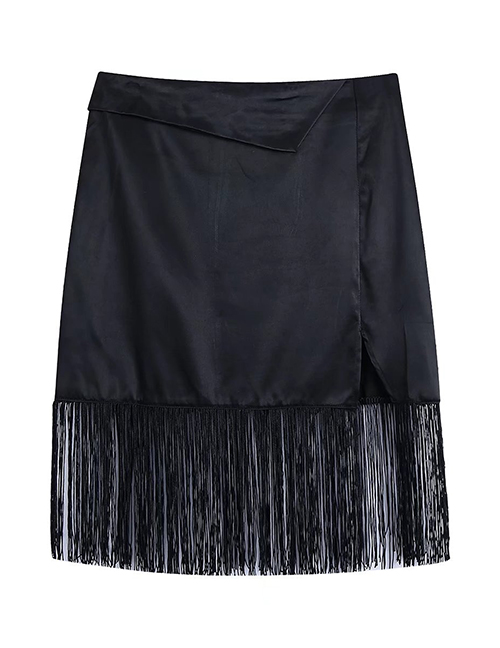 Fashion Black Satin Fringed Skirt