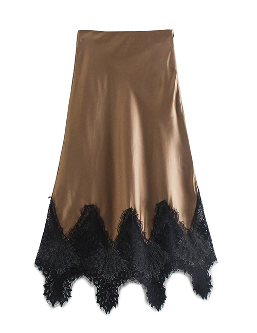 Fashion Coffee Color Pure Color Lace Silk Satin Skirt