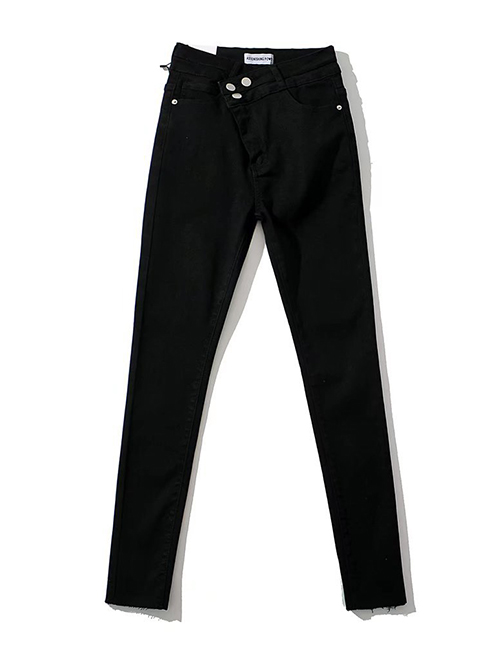 Fashion Black Washed Double Oblique Waist Pencil Trousers With Raw Edges