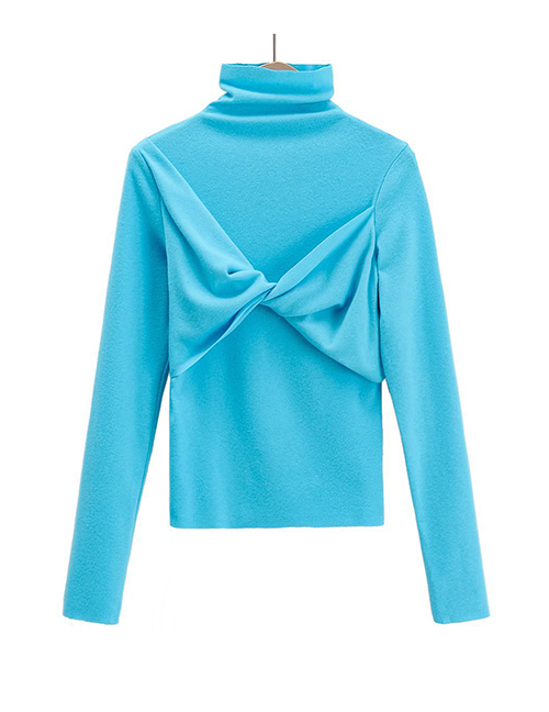 Fashion Blue High-neck Bottoming Shirt With Cross Pleated Chest