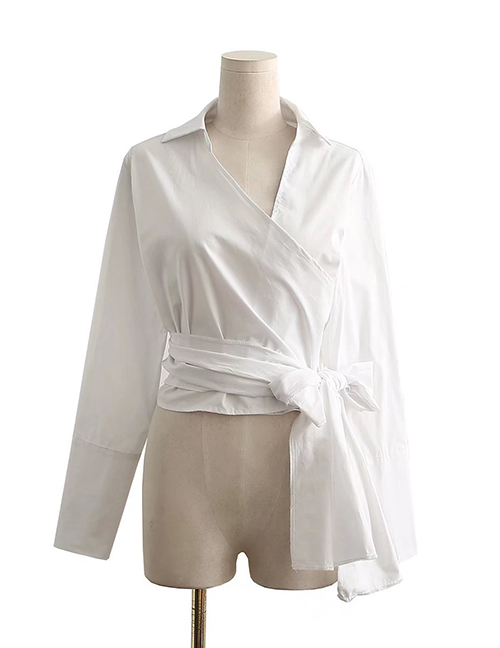Fashion White Asymmetric Wrap-around Tie V-neck Shirt