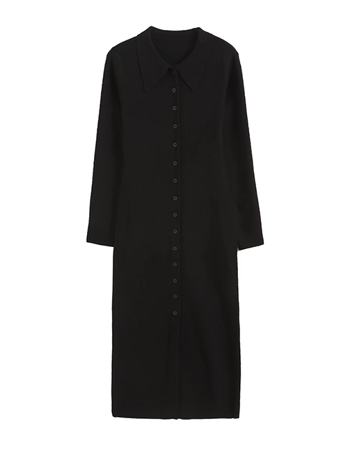 Fashion Black Single-breasted Lapel Knit Dress