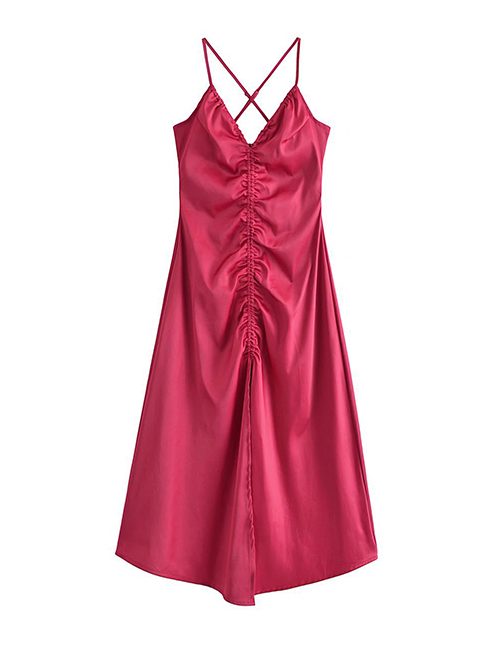 Fashion Rose Red Satin Drawstring Back Cross Dress