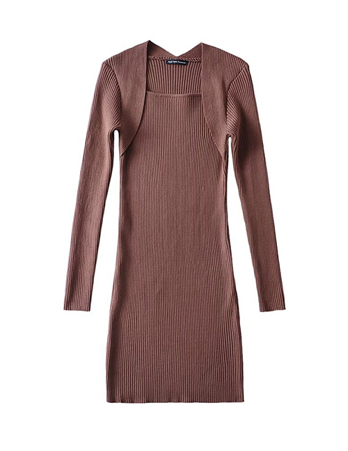 Fashion Coffee Color Knitted Long Sleeve Dress