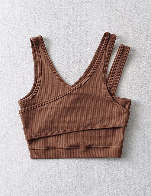 Fashion Coffee Color Solid Color Two-wear V-neck Stitching Vest