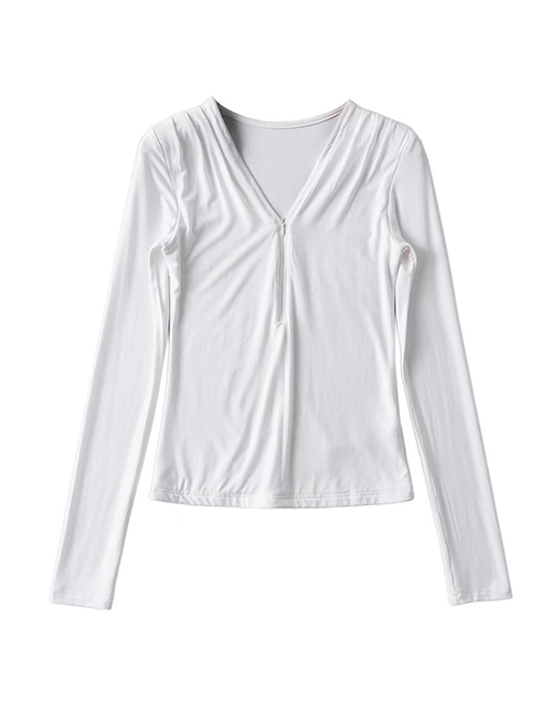 Fashion White Solid Color Deep V Zipper Double Layer Top