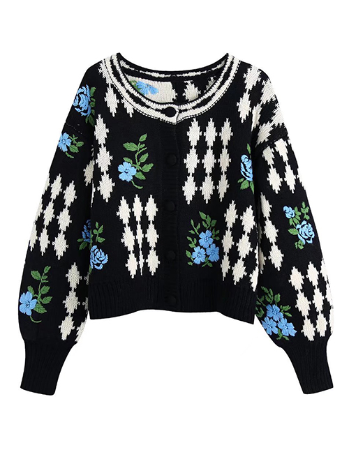 Fashion Black Embroidered Jacquard Knitted Sweater Coat