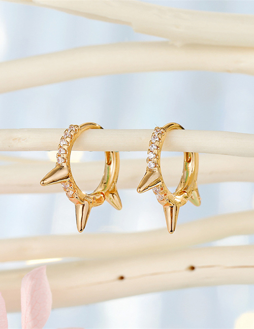 Fashion Three Golden Thorns Copper Inlaid Zirconium Geometric Rivet Ear Ring