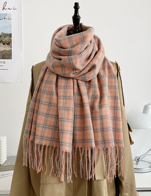 Fashion Pink Cashmere Check Fringed Scarf
