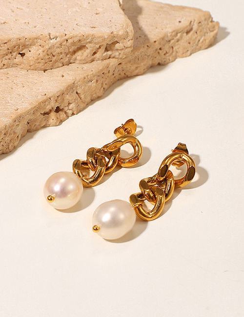Fashion Gold Titanium Steel Gold Plated Pearl Cuban Chain Stud Earrings