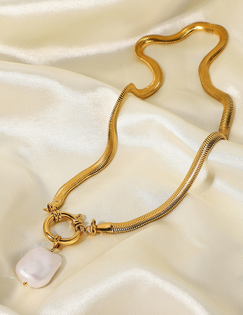 Fashion Gold Titanium Steel Square Pearl Circle Snake Bone Chain Necklace