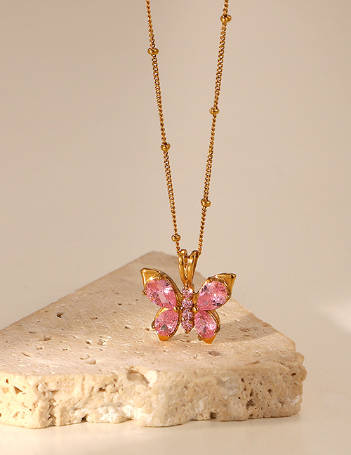 Fashion Pink Titanium Steel Gold-plated And Zirconium Butterfly Necklace