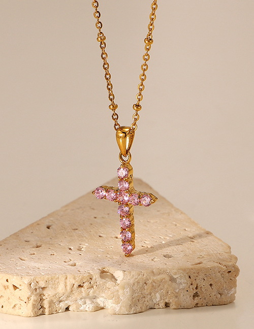 Fashion Pink Titanium Steel Inlaid Zirconium Cross Necklace