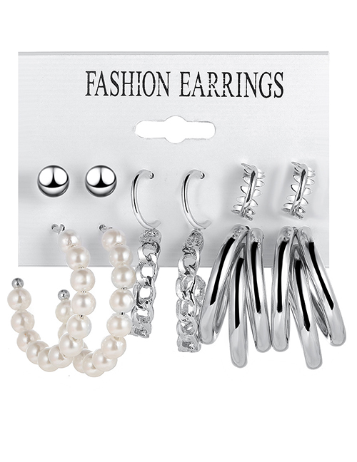 Fashion 2# Alloy Pearl Chain Geometric Earrings Set