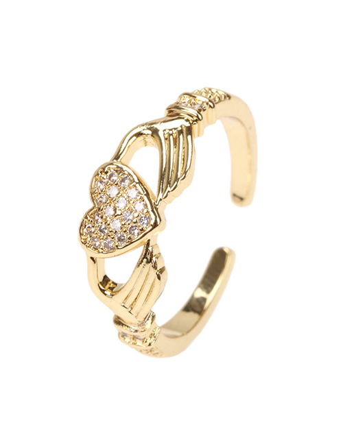 Fashion Gold Copper Inlaid Zirconium Hand Holding Love Ring
