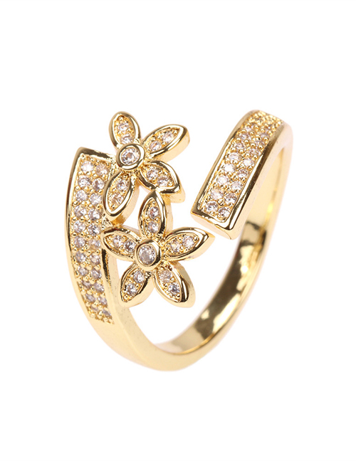 Fashion Gold Copper Inlaid Zirconium Flower Open Ring