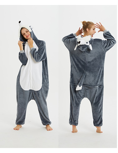 Fashion Mammoth Husky Flannel Cartoon Print One-piece Hooded Pajamas