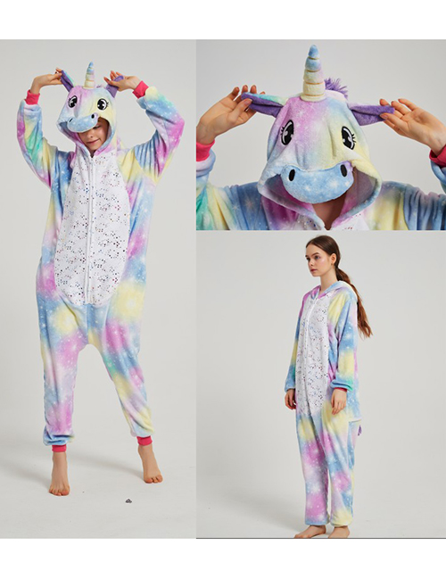 Fashion Light Color Bronzing Pegasus Flannel Cartoon Print One-piece Hooded Pajamas