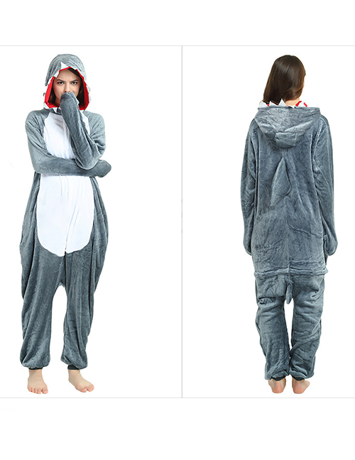 Fashion Siamese Grey Shark Flannel Cartoon Print One-piece Hooded Pajamas