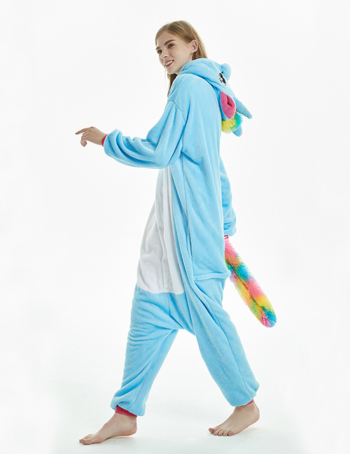 Fashion Color-haired Blue Sky Horse Flannel Cartoon Print One-piece Hooded Pajamas