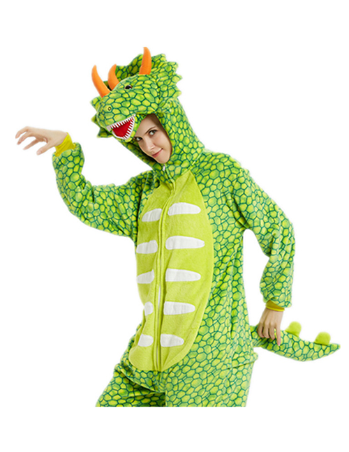 Fashion Light Green Toothed Triceratops Flannel Cartoon Print One-piece Hooded Pajamas