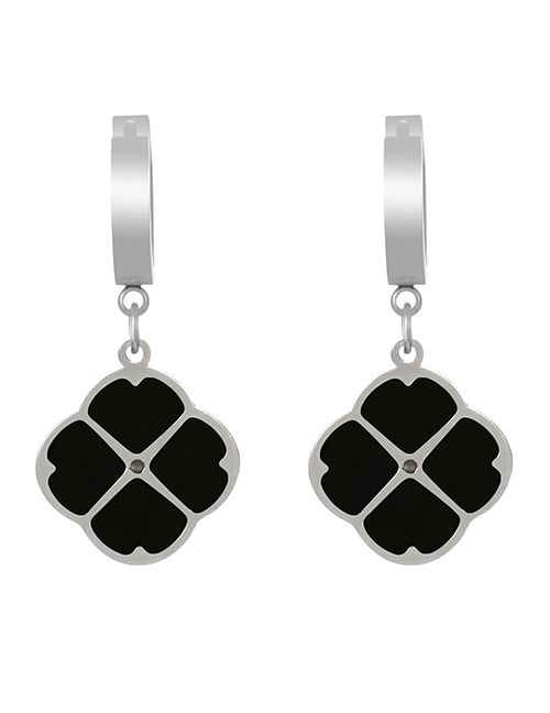 Fashion Silver+black Titanium Steel Drip Four-leaf Clover Earrings