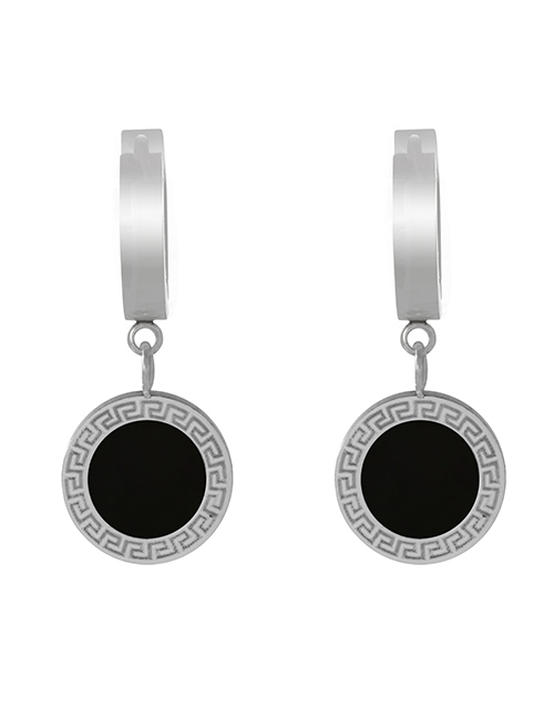 Fashion Silver+black Titanium Steel Oil Drip Pattern Round Earrings