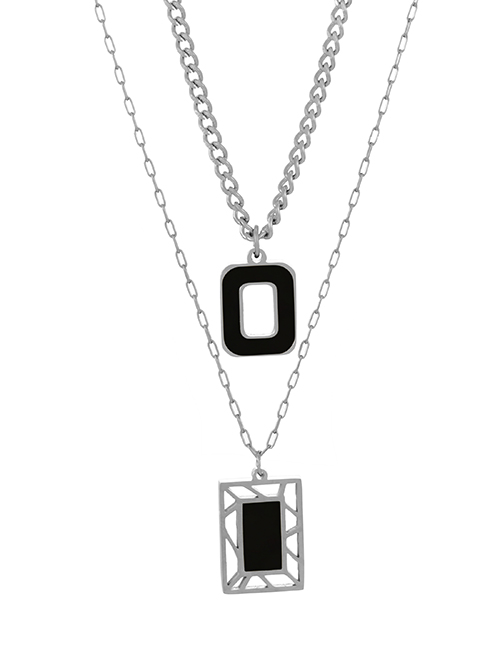 Fashion Black+silver Titanium Steel Drip Oil Double Hollow Square Necklace
