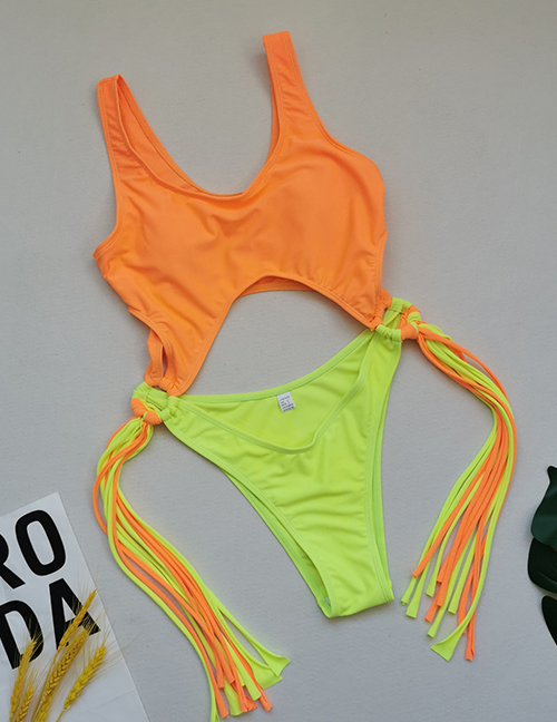 Fashion Orange+yellow Fringed Cutout One-piece Swimsuit