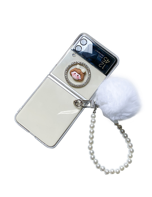 Fashion Hard Shell-circle Brown Girl-hair Ball Pearl Chain (samsung Flod3) Folding Hair Ball Pearl Lanyard Samsung Phone Case