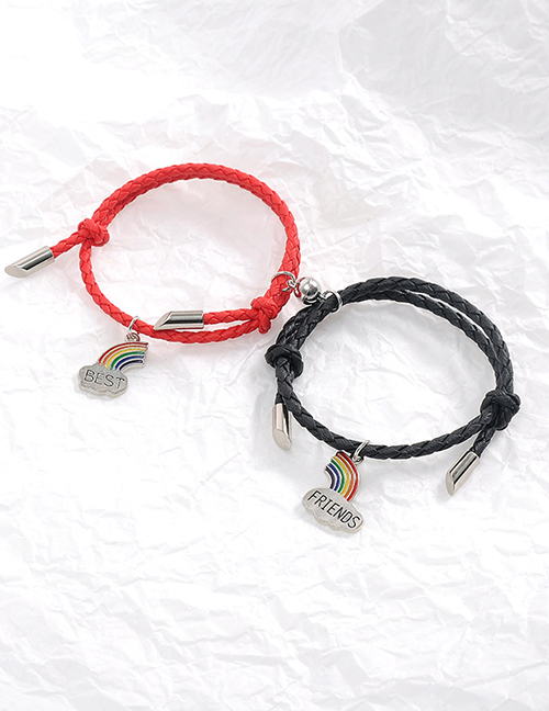 Fashion A Pair Of Pu Black And Red Rope Colorful A Pair Of Alloy Rainbow Magnetic Round Ball Hand Rope
