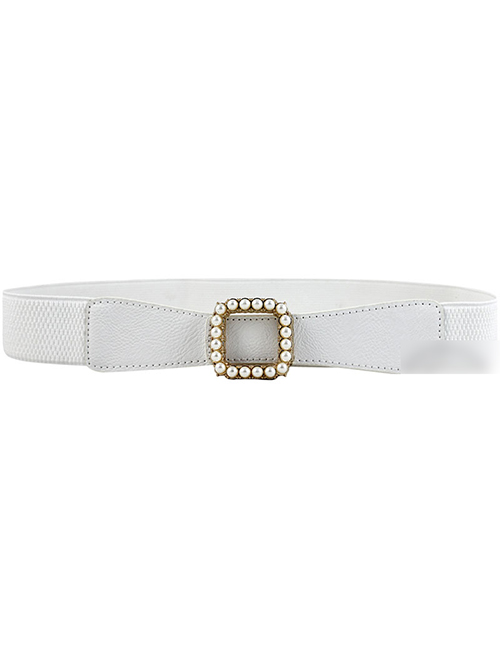 Fashion White Pearl Square Buckle Wide Webbing Belt