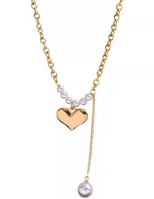 Fashion Gold Color Titanium Steel Heart Pearl Tassel Necklace