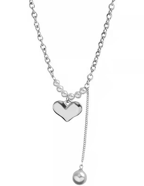 Fashion Silver Color Titanium Steel Heart Pearl Tassel Necklace