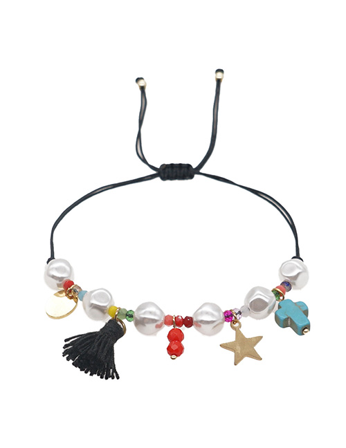 Fashion A Imitation Pearl Crystal Flat Bead Five-pointed Star Cross Tassel Pendant Bracelet